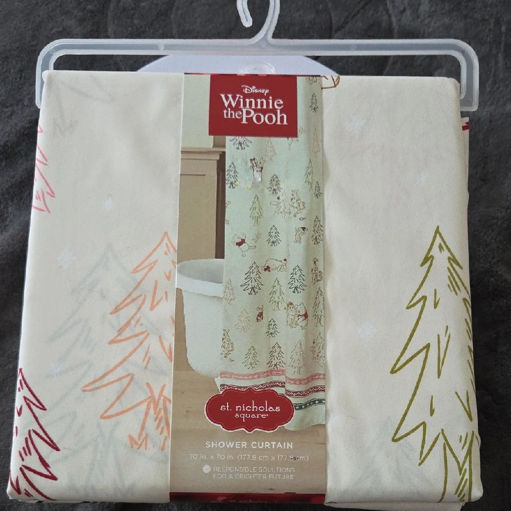 Disney Winnie the Pooh Festive Shower Curtain with Red and Green Trees